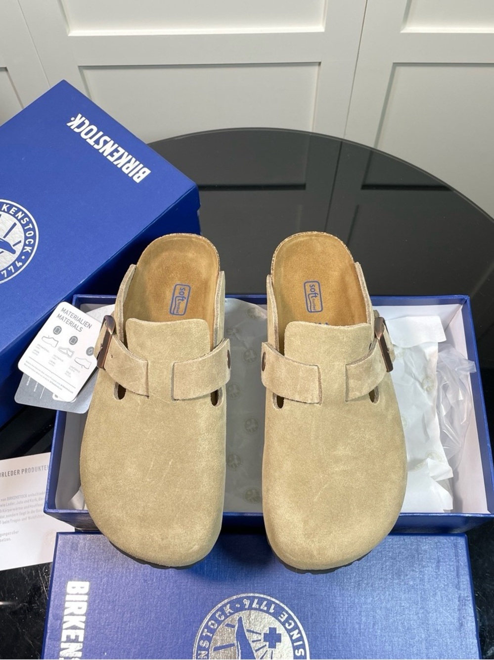 BIRKENSTOCK Boston taupe suede mule clogs